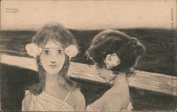 Two women with flowers in their hair Raphael Kirchner Postcard Postcard Postcard