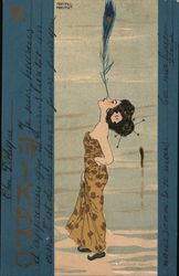 Woman Balancing a Peacock Feather on Her Nose, Mikado Postcard
