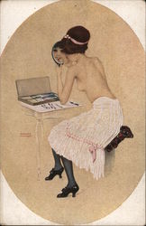 Topless Woman Applying Makeup - Raphael Kirchner Postcard