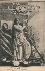 La Musique - Lea Arts, Woman Holding Lyre Surrounded by Instruments Postcard