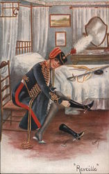 Reveille: woman dressing in military uniform Postcard Postcard Postcard