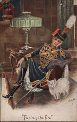 Facing The Fire (Woman in military or band uniform, and cat) London, UK Postcard Postcard Postcard