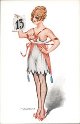Woman with calendar page "13" Artist Signed Maurice Pepin Postcard Postcard Postcard