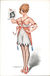Woman with calendar page "13" Postcard