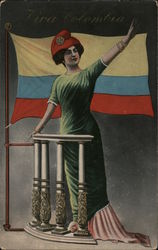 Viva Colombia. Woman and flag. Postcard