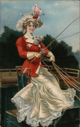 Young Woman driving a horse-drawn carriage Postcard