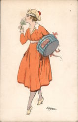 Woman Walking Carrying Hat Box Women Postcard Postcard Postcard