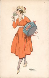 Woman Walking Carrying Hat Box Postcard