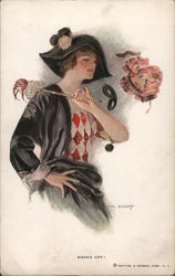 Masks Off! Woman in a costume. Postcard