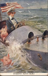 Stastny Novy Rok! Woman in Speedboat with Pigs Postcard