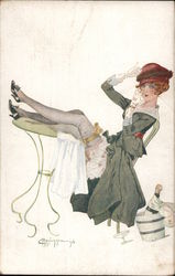 Woman in stockings, with champagne Postcard