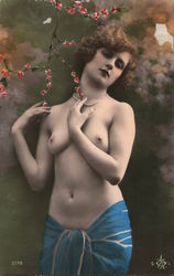 Topless Woman in a Blue Sarong, Tinted Art Deco Postcard