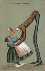 He Stoops To Conquer. Tall man kissing short woman. Postcard