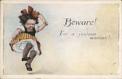 Beware! I'm a Jealous Woman! (Angry child). Ad for post card club. Postcard