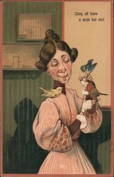 They All Have A Mate But Me. Woman with birds. Postcard