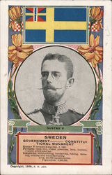 King Gustav V, Flag, Flowers and Facts about Sweden Royalty Postcard Postcard Postcard