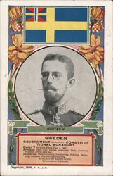 King Gustav V, Flag, Flowers and Facts about Sweden Postcard