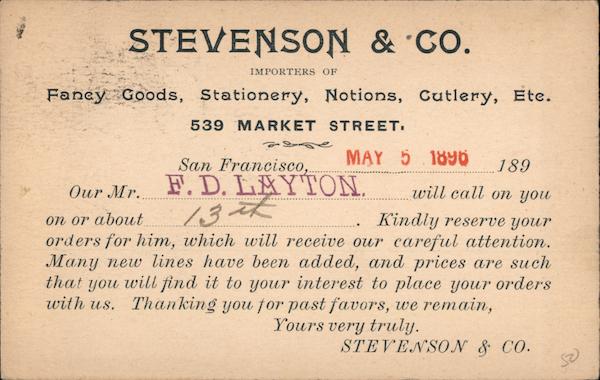 Stevenson & Co., Importers of Fancy Goods, Stationery, Notions, Cutlery, Etc. San Francisco California