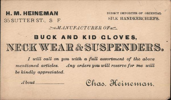 H.M. Heineman Back & Kid Gloves San Francisco California