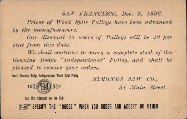 Dodge Independence Wood Split Pulley - Simonds Saw Company San Francisco California