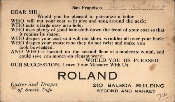 Ad for Roland tailors San Francisco California