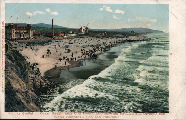 Holiday crown on Ocean Beach near Cliff House, also showing Pavilion and Olympic Bait Water Company's pier