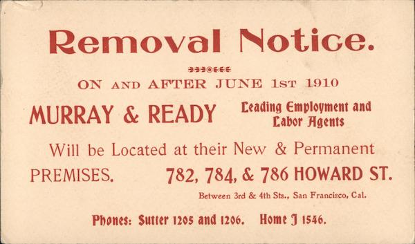 Removal Notice, Murray & Ready Leading Employment and Labor Agents San Francisco California
