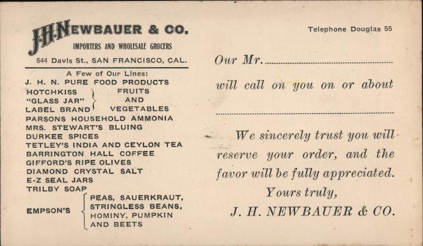 J.H. Newbauer & Co. Importers and Wholesale Grocers San Francisco California