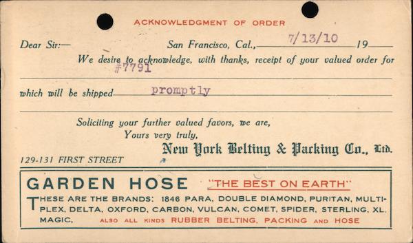 New York Belting & Packing Co., Acknowledgement of Receipt