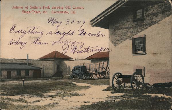 Interior of Sutter's Fort, Showing Old Cannon, Stage-Coach, etc. Sacramento California
