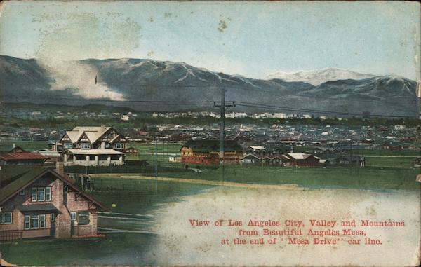 View of City, Valley and Mountains from end of Mesa Drive car line Los Angeles California