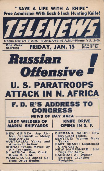 Telenews. World War II news and knife drive in San Francisco. California