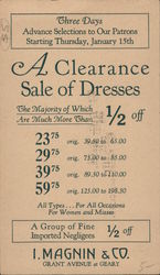 Ad for a dress sale at I. Magnin Postcard