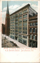Mission St showing Scott & Van Arsdale Building & St. Patrick Church Postcard