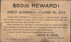 $50.00 Reward! Stolen Automobile Jack Warner for Grand Larceny San Francisco, CA Reward Cards Postcard Postcard Postcard