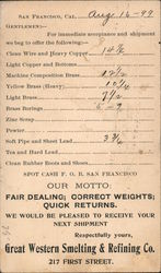 Sales ad for metals from Great Western Smelting & Refining Co., 1899 Postcard