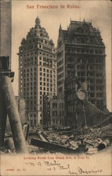 San Francisco in Ruins, Looking South from Grant Ave. & Post. St. Postcard