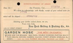 New York Belting & Packing Co., Acknowledgement of Receipt Postcard