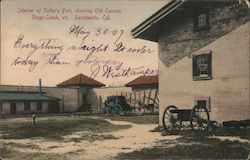 Interior of Sutter's Fort, Showing Old Cannon, Stage-Coach, etc. Postcard