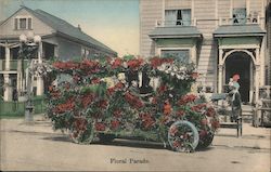 Floral Parade. A vintage bus decorated with flowers and foliage. Postcard