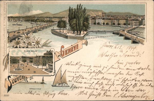 Souvenir de Geneve - Place de Neuve, Bateau à Voiles Geneva Switzerland