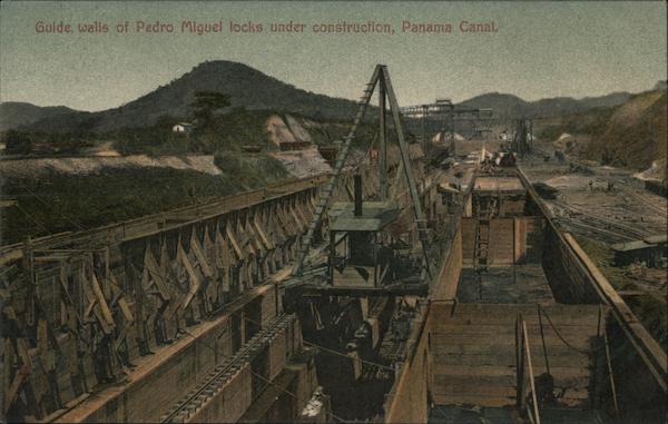 Guide walls of Pedro Miguel locks under construction, Panama Canal