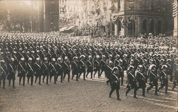 Patriotic Parade Marchers on a cobblestone street in a city