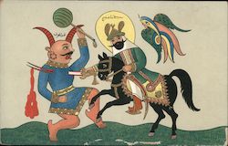 Painting depicting an Arab prince on horseback slaying a demon Postcard