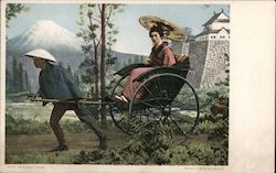 In Sunny Japan - Geisha with Umbrella in a Rickshaw, Mt. Fuji Postcard
