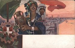 Art Deco painting of a young lady and man, Orientalism Postcard