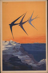 Painting of flying Albatross across sea, Art Deco Postcard