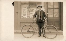 Man with Bicycle, "Ideal Photo Co." storefront Postcard