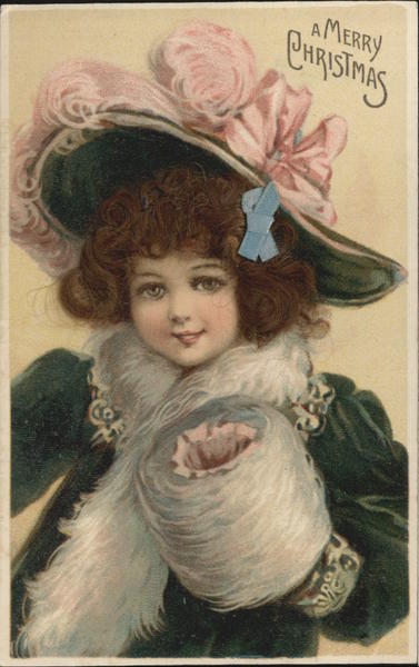 Merry Christmas - Girl With Blue Bow, Brown Hair Real Hair