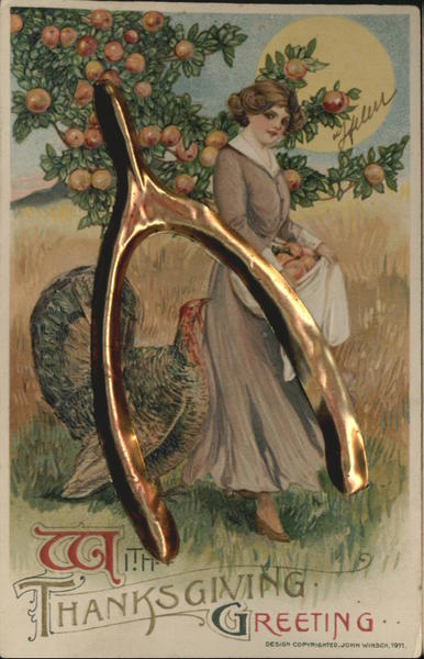 Metal Attached Wishbone With Thanksgiving Greeting